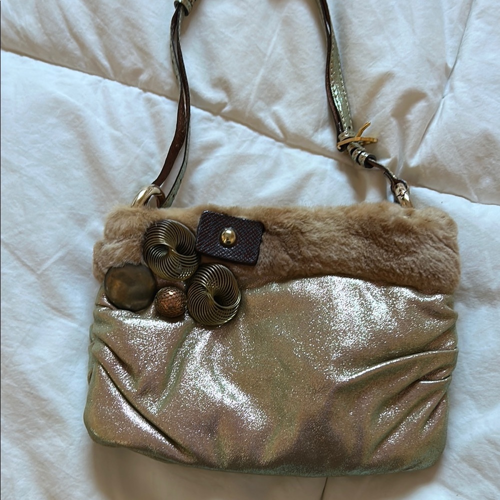 JAMIN PUECH RARE  Luxurious Gold and Brown Mini Bag with Fur Accent